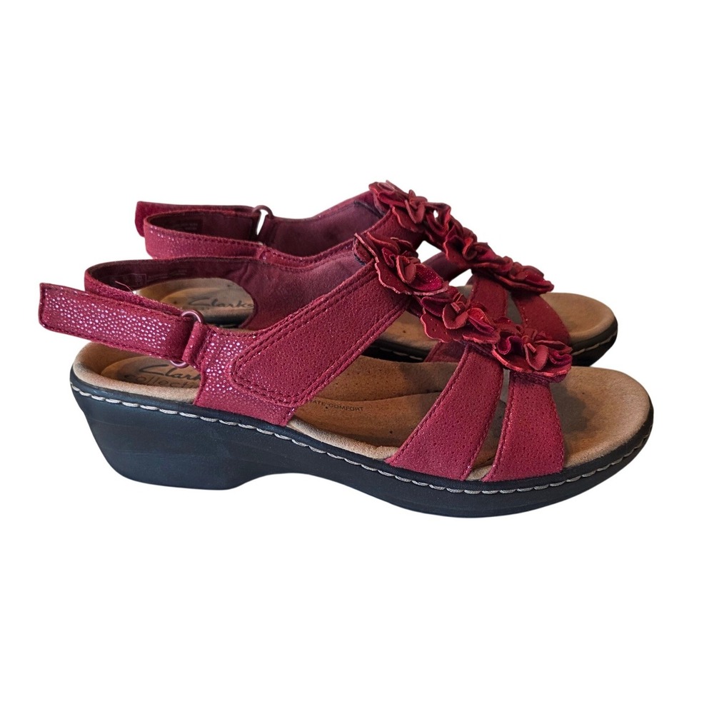 Clarks Collection Sandals Suede Floral Wedge Slingback Red Boho Summer 7.5 M